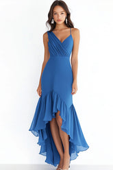 Blaues Etui Partykleid aus Chiffon mit Rüschen